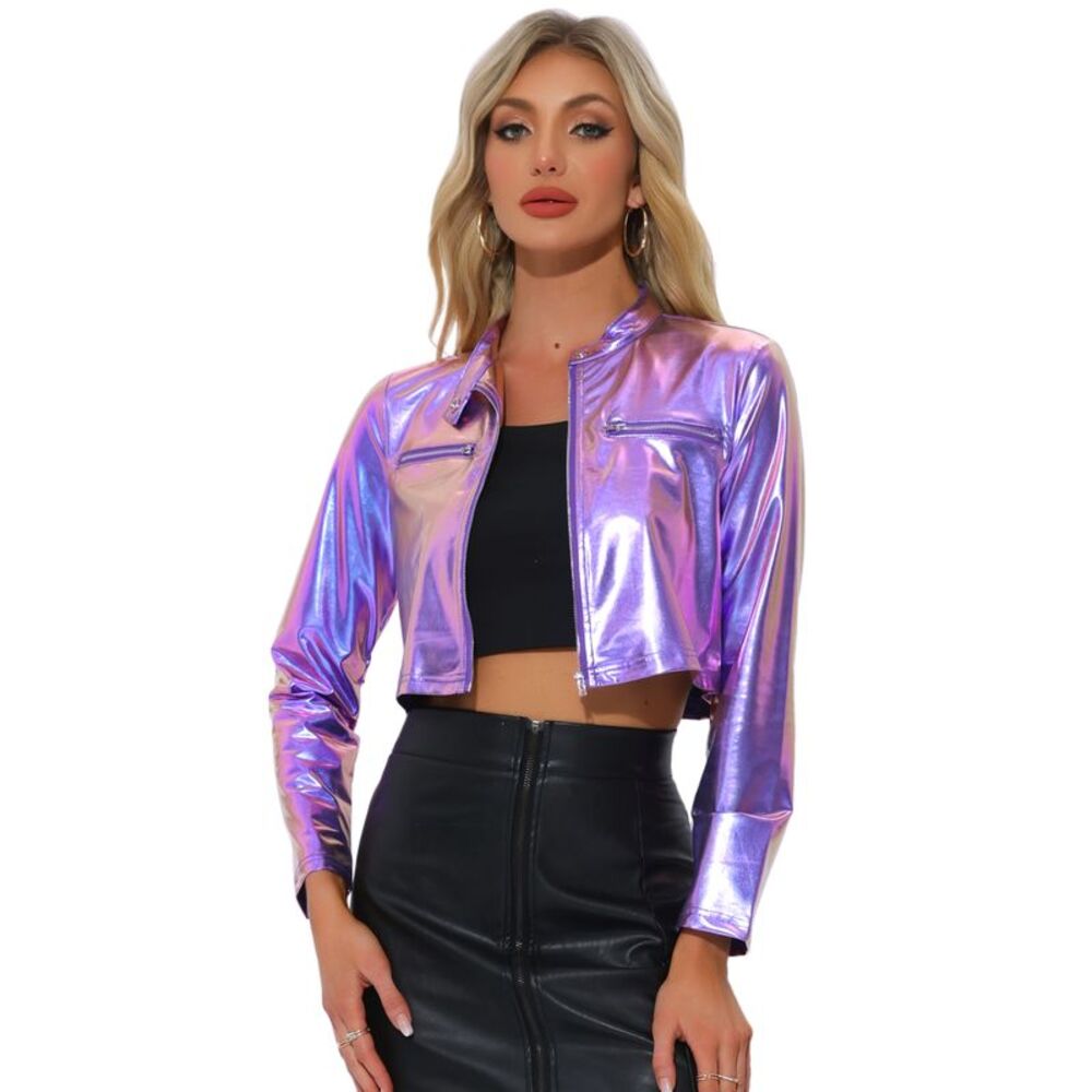 Stand Collar Metallic Zipper Cropped Party Club Jacket Blue